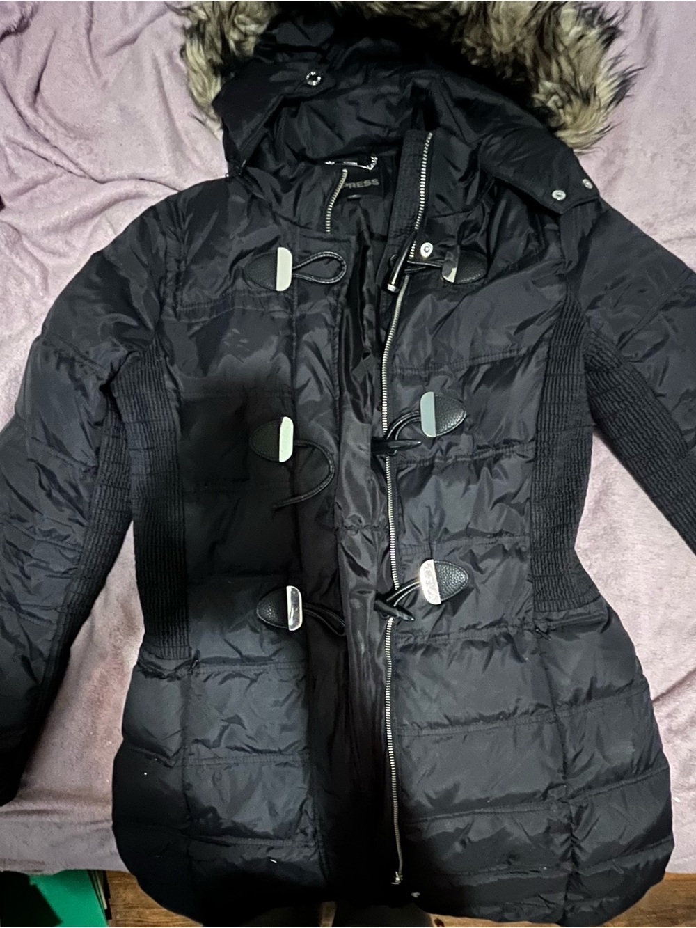 Express Black Quilted Toggle Puffer Coat with Faux Fur Trim
